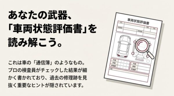 車の通信簿である車両状態評価書（コンディションノート）のイラスト