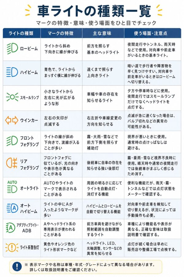 車ライトマークの意味と警告灯の見方ガイド