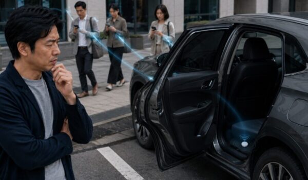車内のAirTagと周囲のスマートフォンが通信し、盗難車の位置情報が更新される仕組みのイメージ