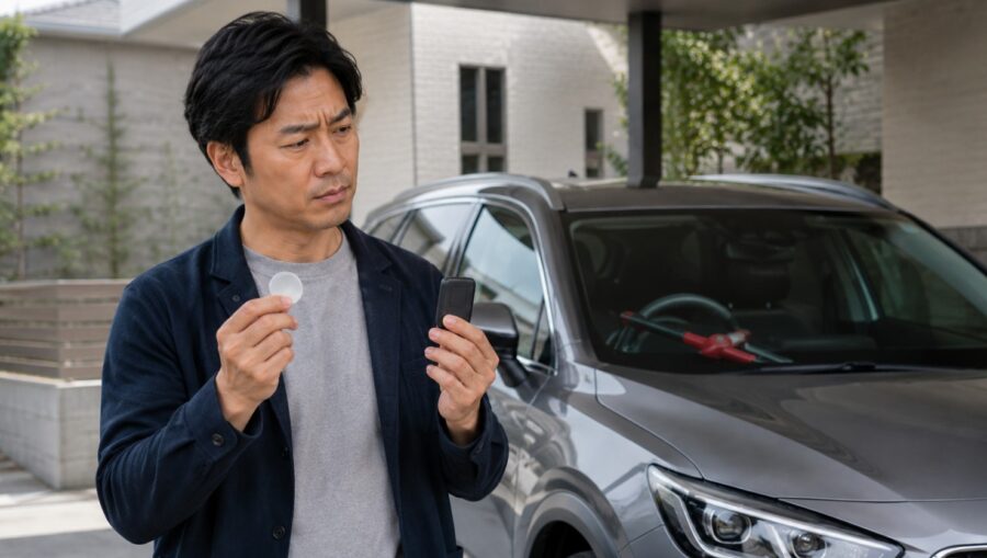 車盗難対策としてAirTagとGPSトラッカーを比較する日本人男性とハンドルロックを装着した車