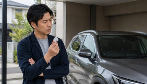 車の盗難対策として小型の紛失防止タグを手に持ち、愛車への設置を検討する日本人男性