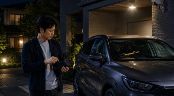 ハンドルロック、防犯カメラ、照明、スマートキー対策を組み合わせた車の盗難防止対策