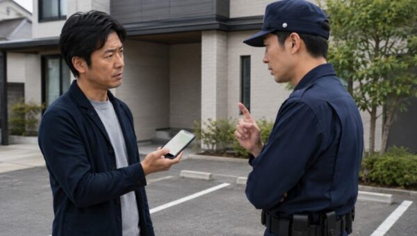 AirTagで確認した盗難車の位置情報をスマートフォンで警察官に伝える日本人男性