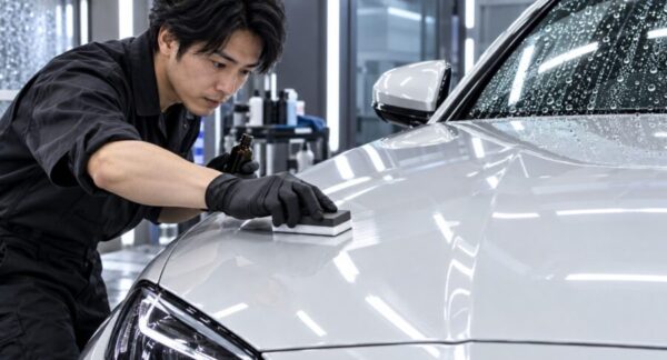 白い車のボンネットにカーコーティングを丁寧に施工する日本人スタッフ
