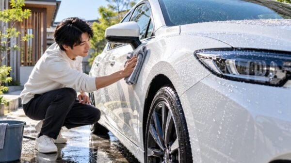 コーティング施工後の白い車を洗車し、水滴をクロスで拭き上げる日本人男性