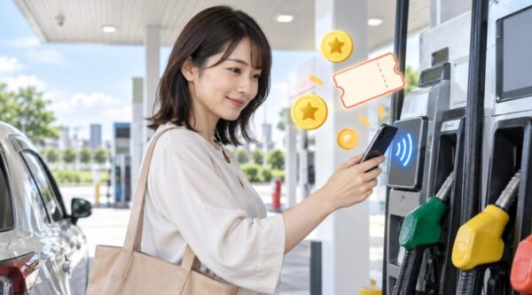 ガソリンスタンドでスマホを使いモバイルEneKeyやクーポン、ポイントを確認する女性
