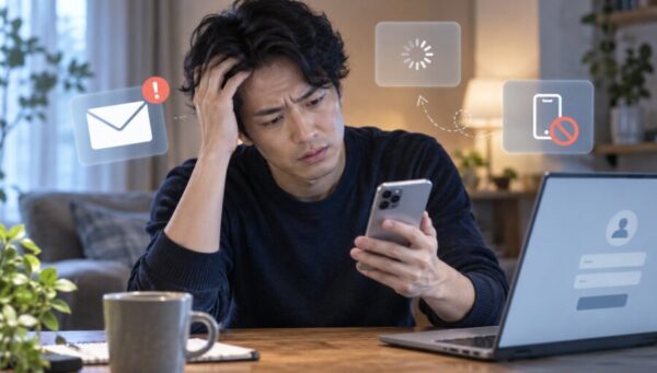 機種変更後にエネオスアプリへログインできず認証方法を確認する男性