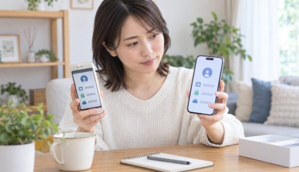 エネオスアプリの機種変更前に旧スマホと新スマホでアカウント情報を確認する女性