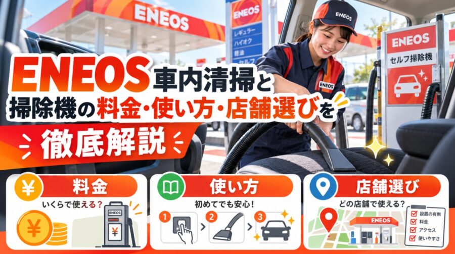 EOSの店舗でスタッフが車内を掃除機清掃する様子と、料金・使い方・店舗選びを解説したイメージ