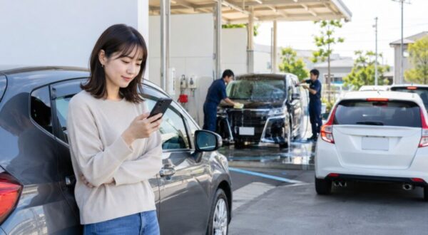 ENEOSの手洗い洗車で予約や待ち時間を確認する利用者のイメージ