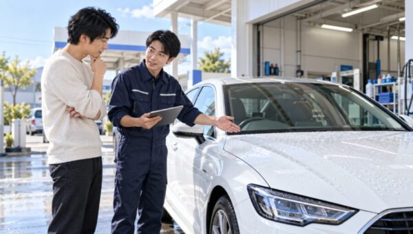 ENEOSコーティングを検討し、白い車を見ながらスタッフに施工内容を相談する様子