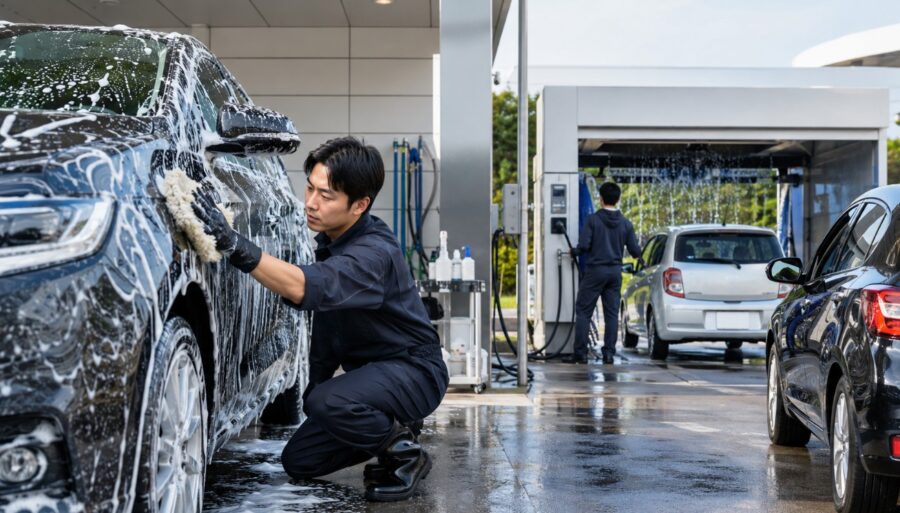 ENEOSの手洗い洗車とセルフ洗車の違いを比較する洗車場のイメージ