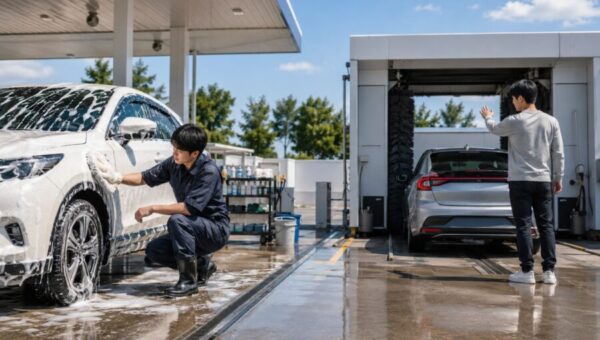 ENEOSの手洗い洗車とセルフ洗車機を比較するイメージ