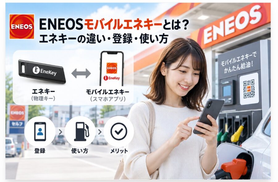 ENEOSモバイルEneKeyと従来のEneKeyの違い、登録方法、使い方を紹介するイメージ