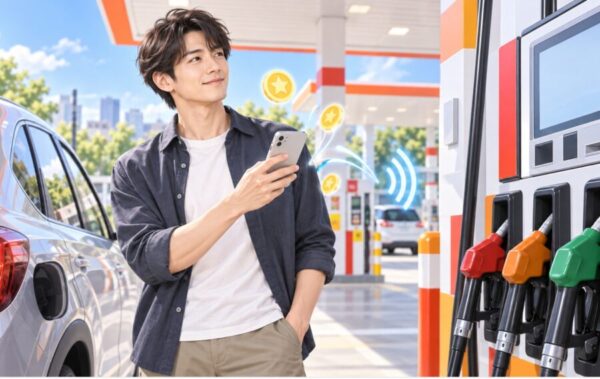 ENEOSのモバイルEneKeyでスマホと給油機を連携しポイントを利用する男性