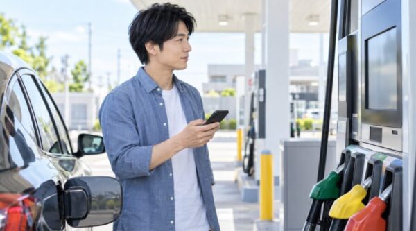 セルフ給油所でスマホを使ってモバイルEneKeyを利用する日本人男性