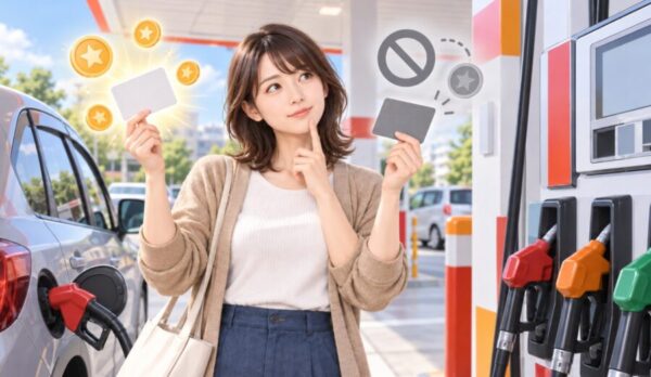 ENEOSで楽天ポイントとの併用可否をイメージしながら2種類の支払いカードを比較する女性