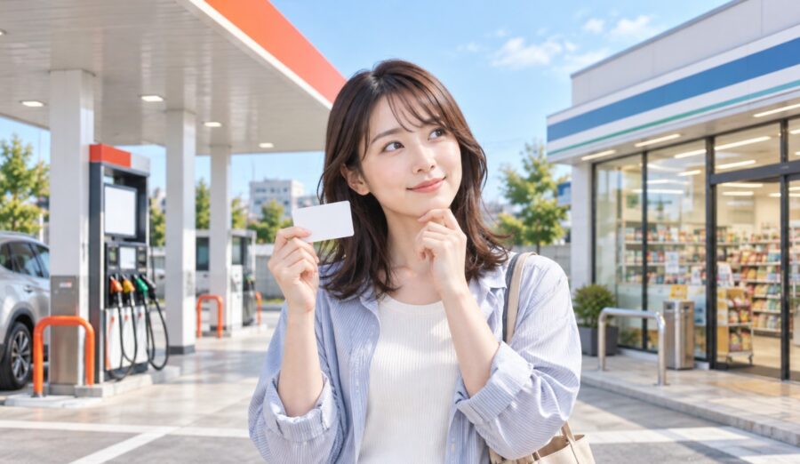 ENEOSプリカやQUOカードの利用先を考えながらカードを持つ日本人女性と、ガソリンスタンド・コンビニ