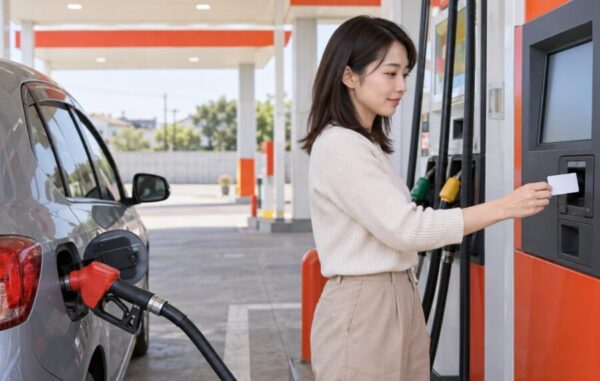 セルフ式ガソリンスタンドでENEOSプリカを使って給油する日本人女性
