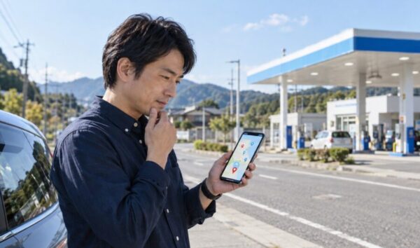 スマートフォンでENEOSプリカが使えるガソリンスタンドを探す日本人男性