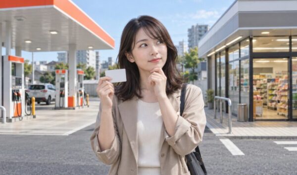 ENEOSプリカを持ち、ガソリンスタンドとコンビニでの利用を考える日本人女性