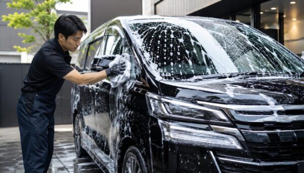 ENEOSの手洗い洗車をイメージした泡洗車で黒い車を丁寧に洗うスタッフ
