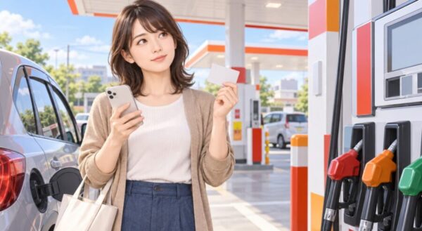 ENEOSのセルフ給油所でスマホとポイントカードを手に支払い方法を確認する女性