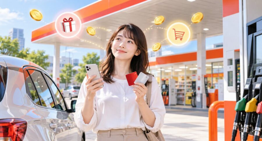 ENEOSのセルフ給油所でスマホとポイントカードを持ち、楽天ポイントやVポイントの利用をイメージする女性