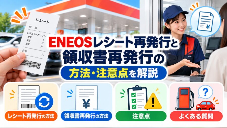 ENEOSのレシート再発行と領収書再発行の方法・注意点を解説する画像。ガソリンスタンドでレシートを持つ手と、スタッフが接客する様子を紹介。