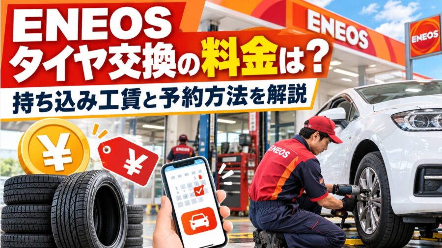 ENEOSのサービスステーションでスタッフが白い車のタイヤ交換を行い、持ち込みタイヤ、料金を示す円マーク、スマホ予約画面を配置したイメージ