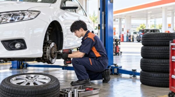日本人整備士が整備工場で白い車のタイヤ交換を行っている様子