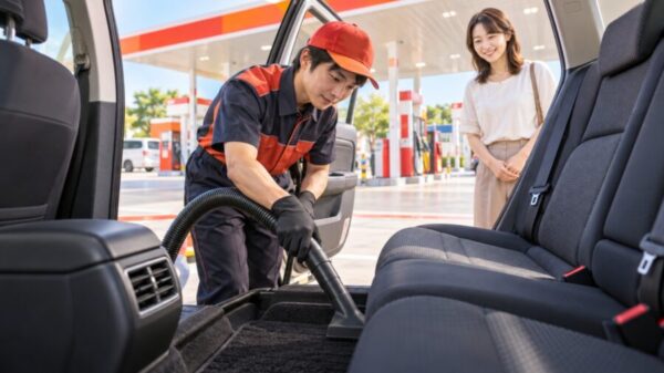 ガソリンスタンドでスタッフが業務用掃除機を使って車内のフロアを清掃している様子