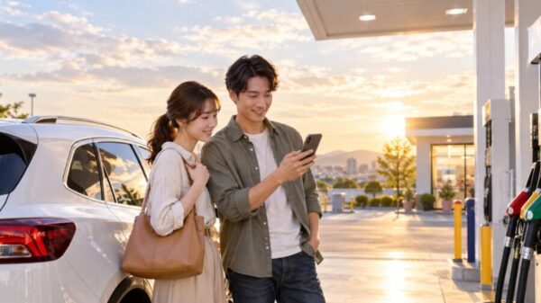 給油後にスマホでクーポンやお得情報を確認する日本人カップル