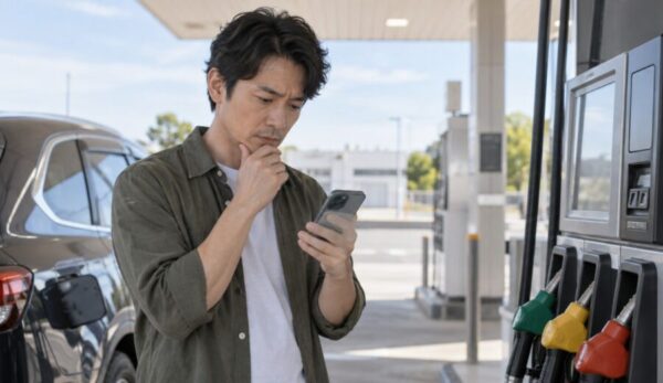 給油所でスマホを確認しモバイルEneKeyのトラブル対処をする日本人男性