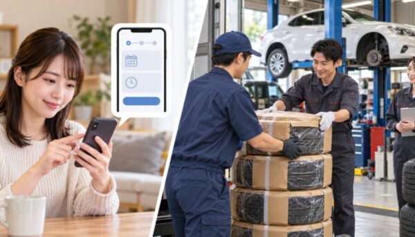 スマホでタイヤ交換を予約し通販タイヤを整備店へ直送するイメージ