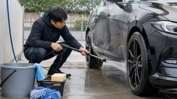 セルフ洗車で高圧洗浄機を使い車の足回りや砂汚れを洗い流す様子