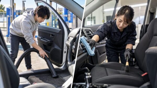 セルフ掃除機による車内清掃とスタッフによる本格的な車内清掃を比較した様子