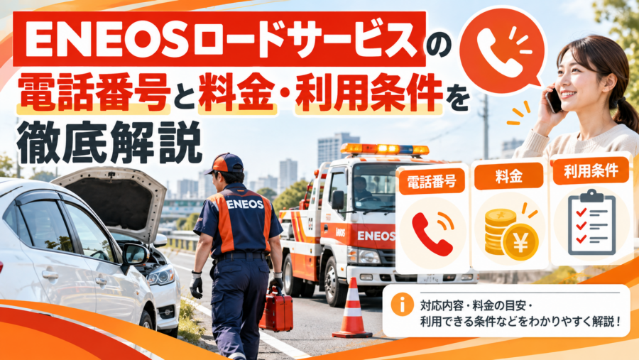 ENEOSロードサービスの電話番号・料金・利用条件を解説するイメージ。故障車、作業員、サービス車両、電話や料金のアイコンを掲載。