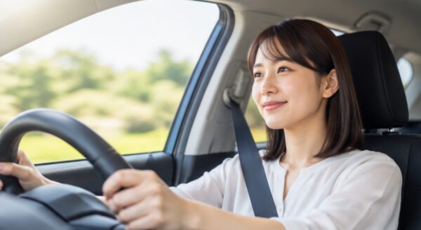 日本人女性がコンパクトカーを運転する車内の様子。運転席からの視界やハンドル操作、街乗りでの運転のしやすさをイメージ。