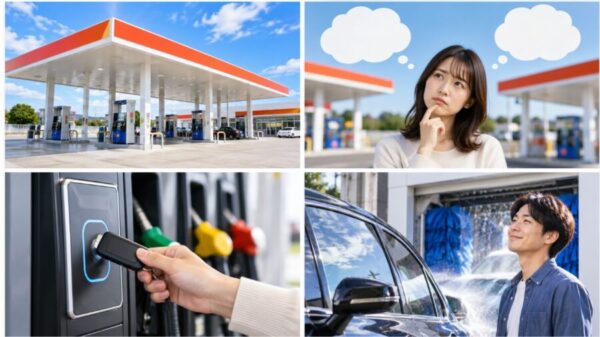 セルフ式ガソリンスタンドで給油や洗車、タッチ決済を利用するイメージと日本人利用者