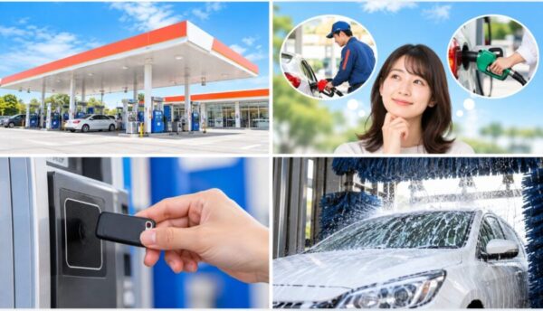 セルフ給油、キーホルダー型決済、スタッフ給油、自動洗車機を組み合わせたEneJetのサービスイメージ