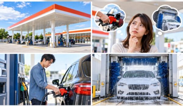 セルフ式ガソリンスタンドで給油する日本人男性と決済、洗車をイメージしたEneJet利用シーン