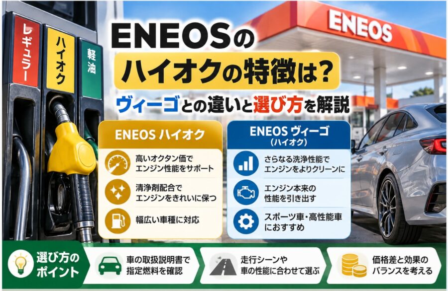 ENEOSのハイオクガソリンの特徴と旧ブランド「ヴィーゴ」との違いを比較し、清浄性能や燃料の選び方を解説する画像