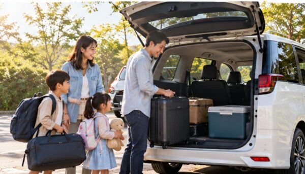 白いミニバンにベビーカーや荷物を積み込む日本人家族。ファミリーカーの収納力と実用性を表現