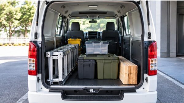 白いトヨタ・ハイエースバンのバックドアを開けた荷室。工具箱や収納ケース、長い資材が積まれており、広い荷室と積載性が分かる。