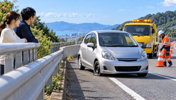 高速道路でタイヤがパンクし、乗員がガードレールの外へ避難してロードサービスを待つ様子