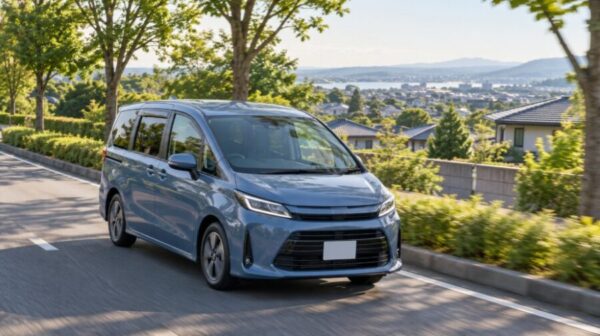 緑豊かな日本の住宅街を走行する青いミニバン。燃費と日常の使いやすさを考えるイメージ
