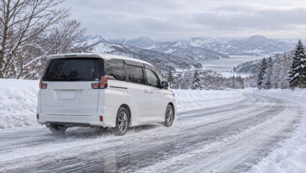雪山を背景に積雪した道路を走る白いミニバン。冬の雪道走行と安全運転を考えるイメージ