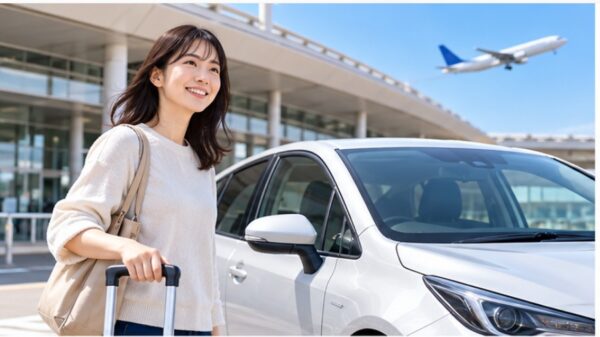 空港のターミナル前で、スーツケースを持った日本人女性が白いレンタカーのそばに立つ様子。乗り捨て旅行の出発シーン。
