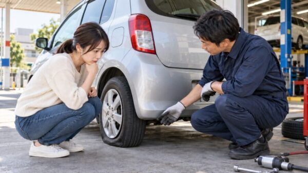 パンク修理前に、サービスステーションの整備工場で日本人女性と整備士がつぶれたタイヤを確認する様子